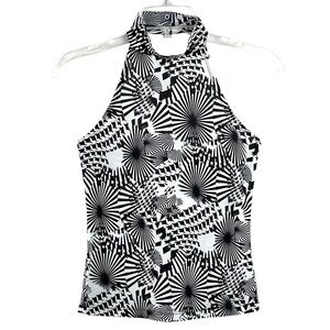 New-bershka Black/White Geometric Print, Halter, Mock TurtleNeck Crop Top SZ MD